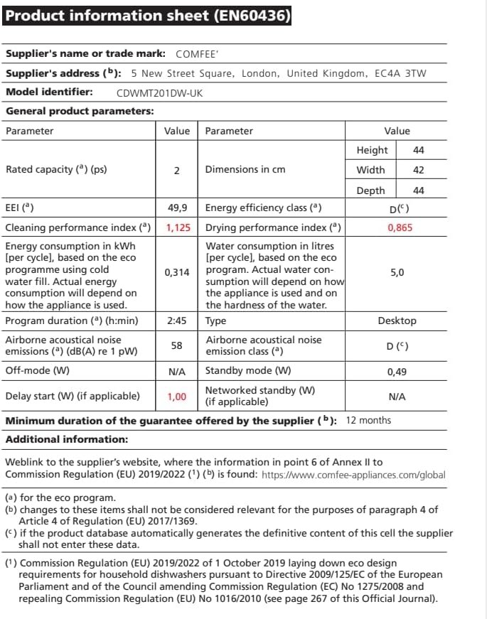 COMFEE' Table Top Dishwasher, Mini Countertop Dishwasher with 6+3 Programs, Steam Wash, Baby Care & Fruit Wash, No plumbing, Delay Start, 72H Storage - White [Energy Class D]